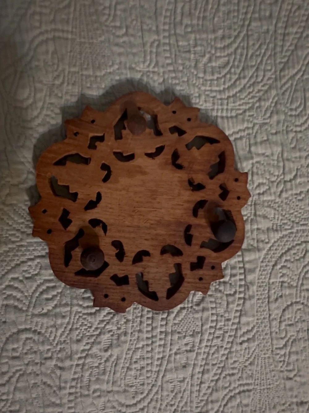 Hand Carved Wooden Trivet w/Inlaid Design 3 feet, gently used.